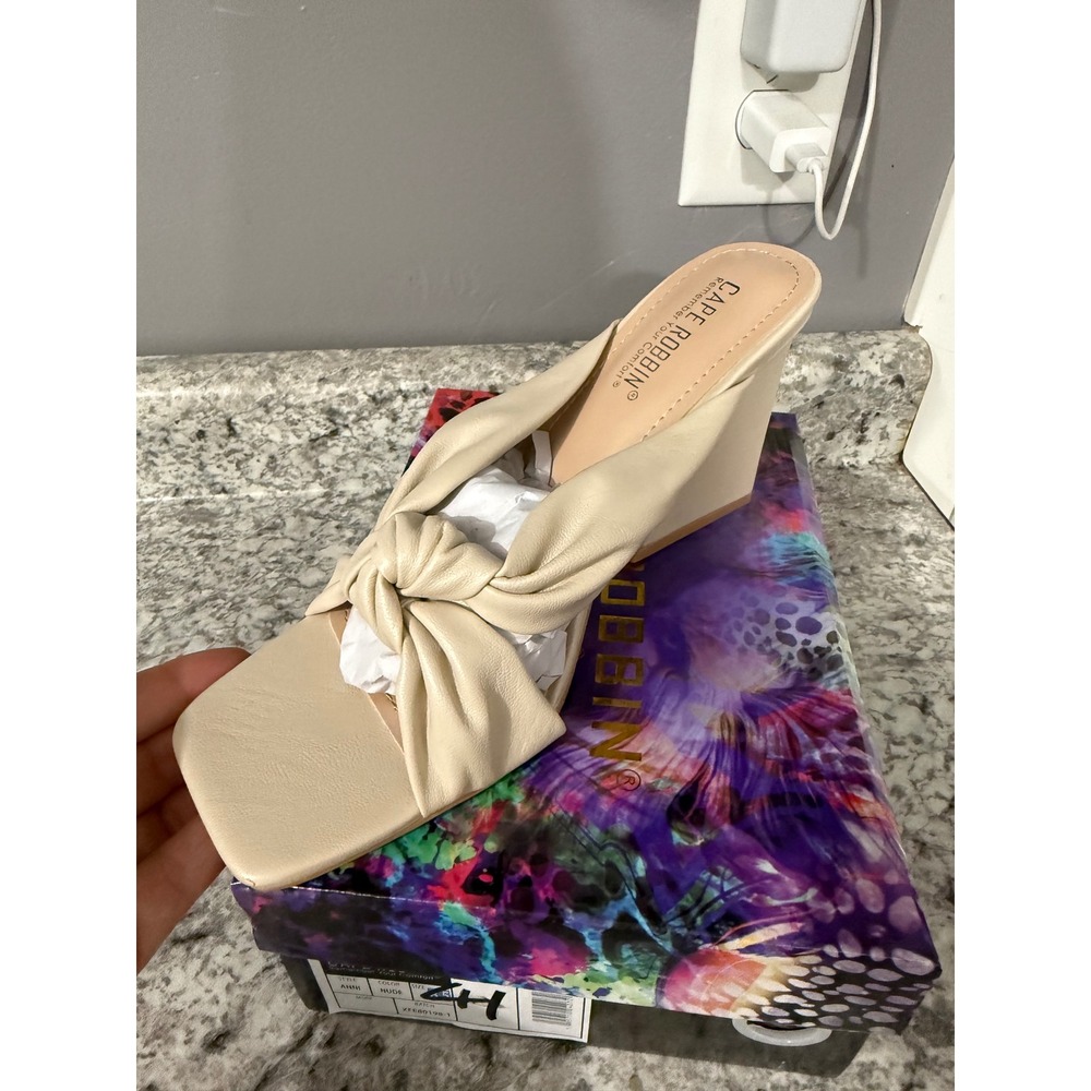 Cape Robbin Anni-1 Nude Knotted Square Toe Wedge Sandals Mules Size 8.5